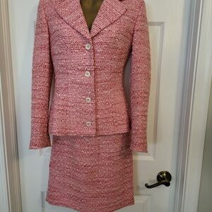 Dolce & Gabbana Red Pink White Tweed Jacket Skirt Suit 38